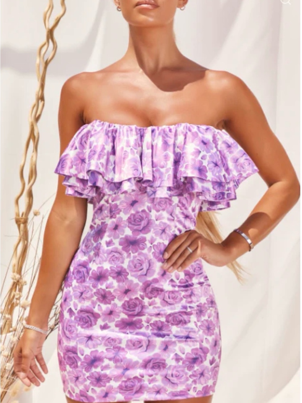 Oh Polly Lavender Floral Strapless Ruffle Bodycon Dress